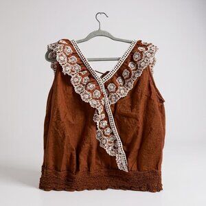 Brown Sleeveless Embroidered Top With Lace Detail & Tie Back Size 2X